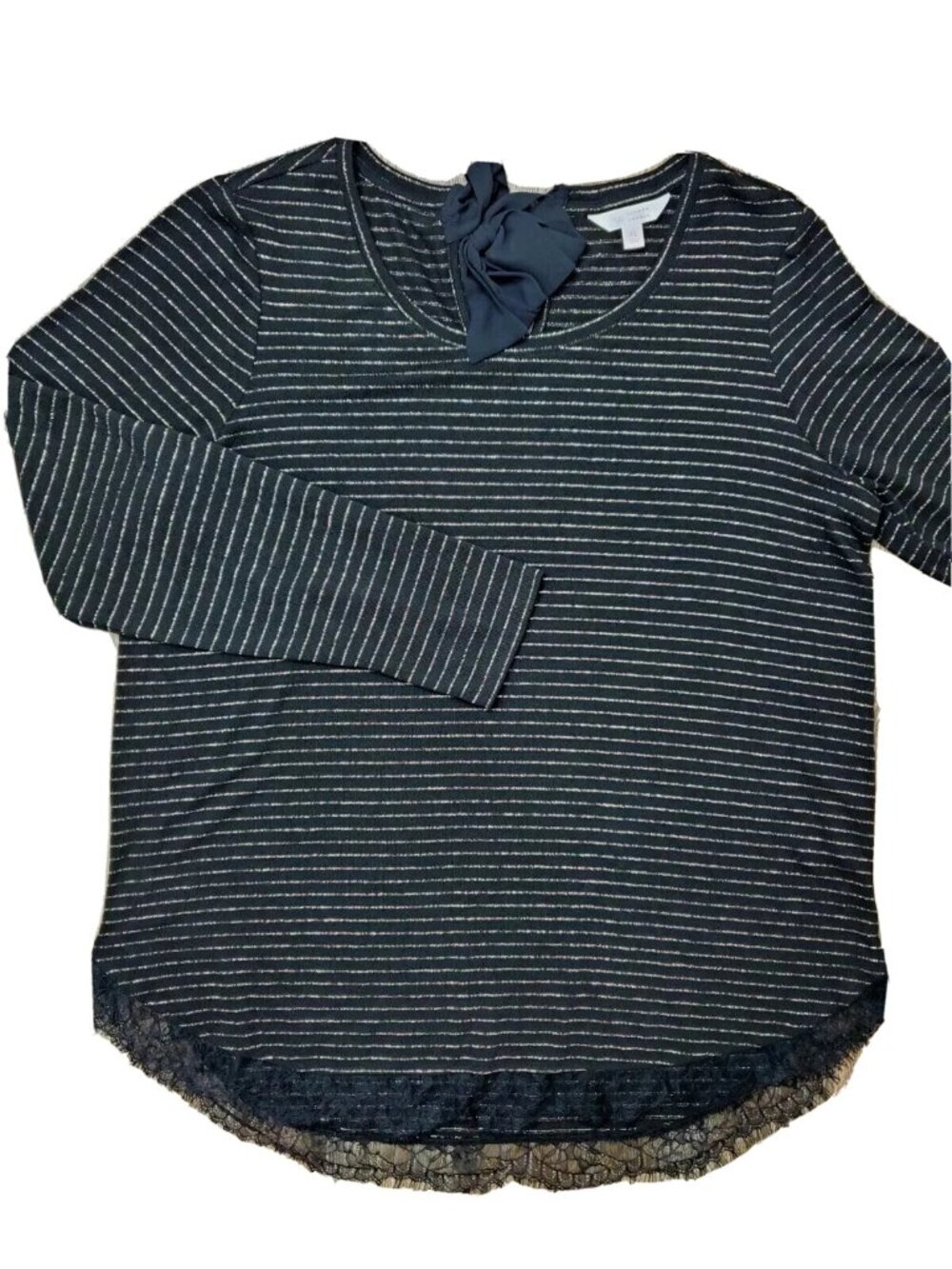 LC Lauren Conrad Black Gold Stripe Women's XL Knit Top Lace Hem